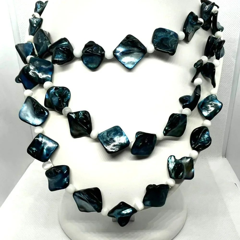 Teng Yue Fresh Water‎ Pearls Blue Mother of Pearl 3 Layer Silver Tone Necklace